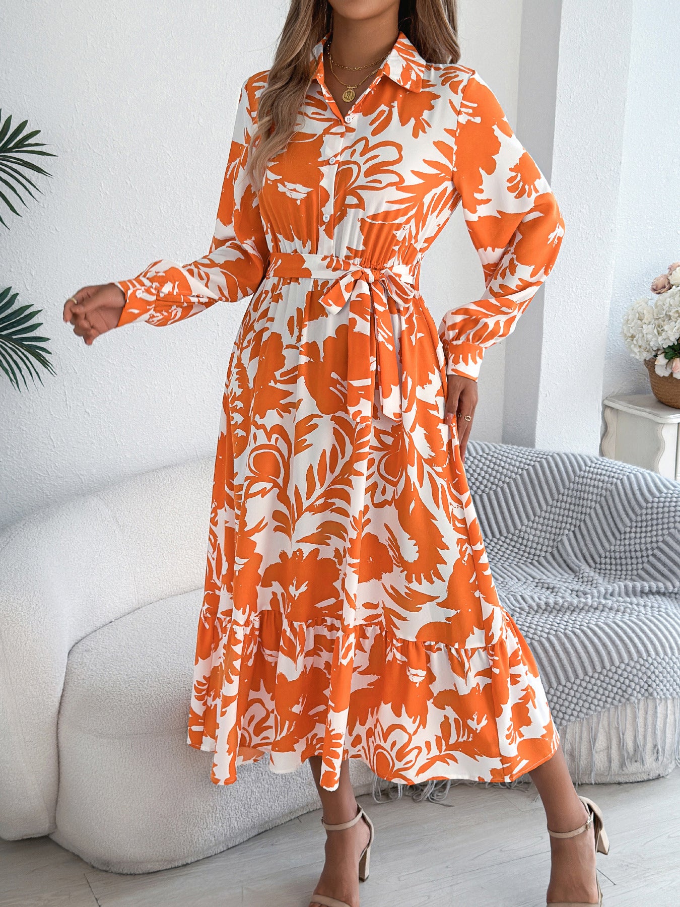 Women's Clothing Spring And Summer Leisure Flower Long Sleeve Shirt Skirt Dress