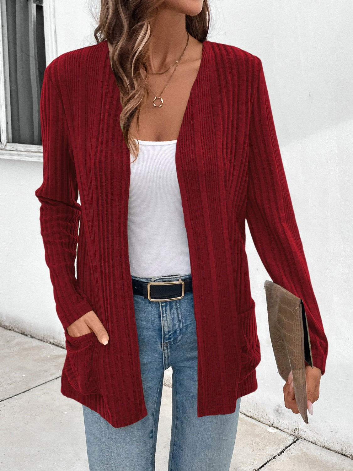 Open Front Long Sleeve Cardigan with Pockets