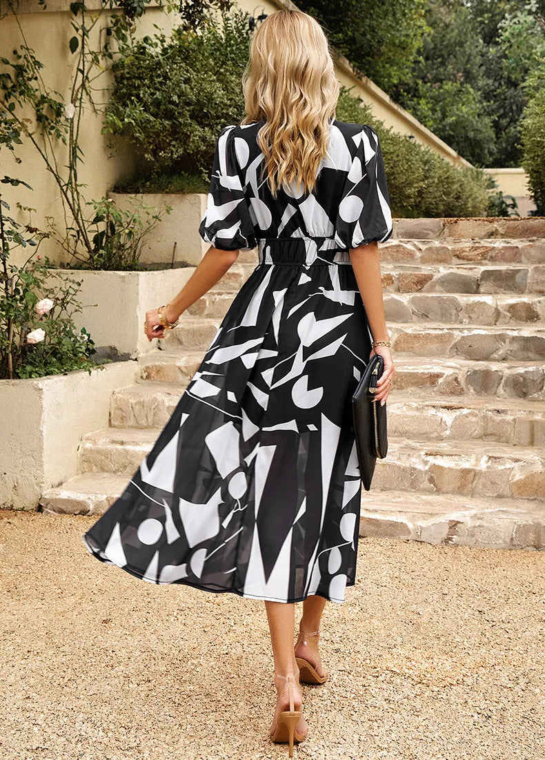 New V-neck Printed Short-sleeved Long Dress Summer Fashion Slim Seaside Vacation Beach Dresses For Women Clothing