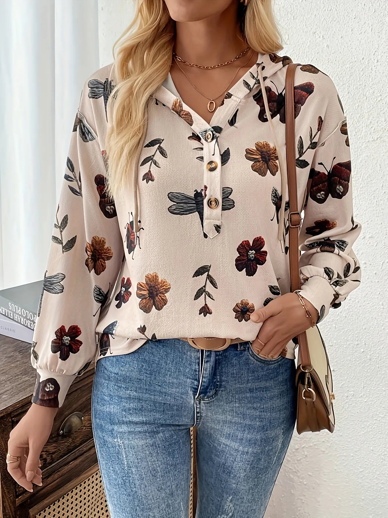 Flower Print Women's Pullover Long Sleeve Hooded Sweater
