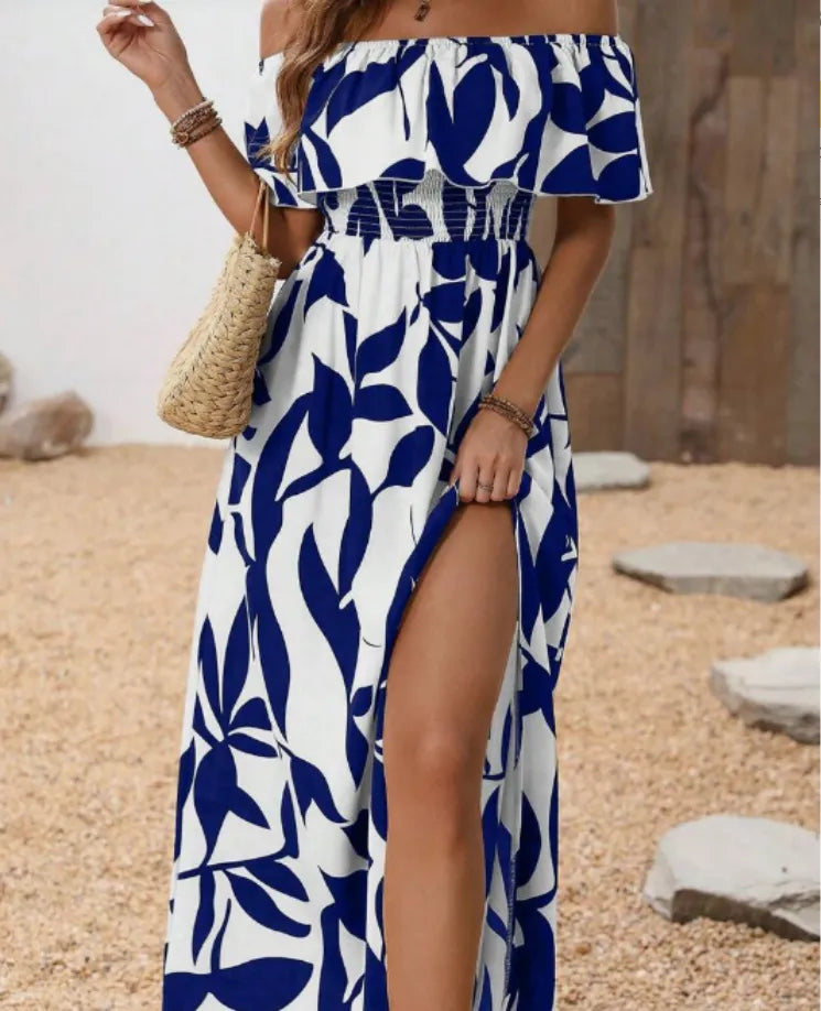 Summer Botanical Print Off-the-shoulder Split Dress