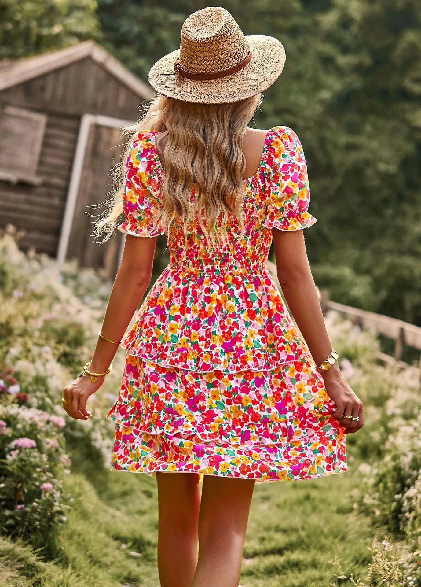 Floral Ruffle Summer Dress Short Sleeve Off Shoulder Mini Dress Beach