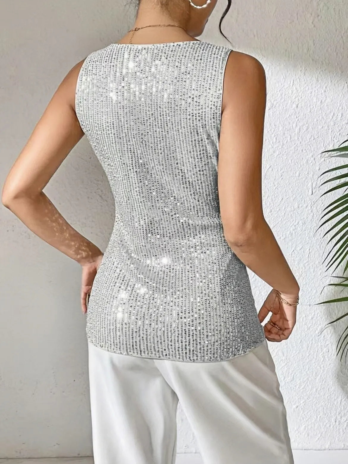 Sexy V-neck Loose Sequined T-shirt Outer Wear Inner Wear Women's Vest