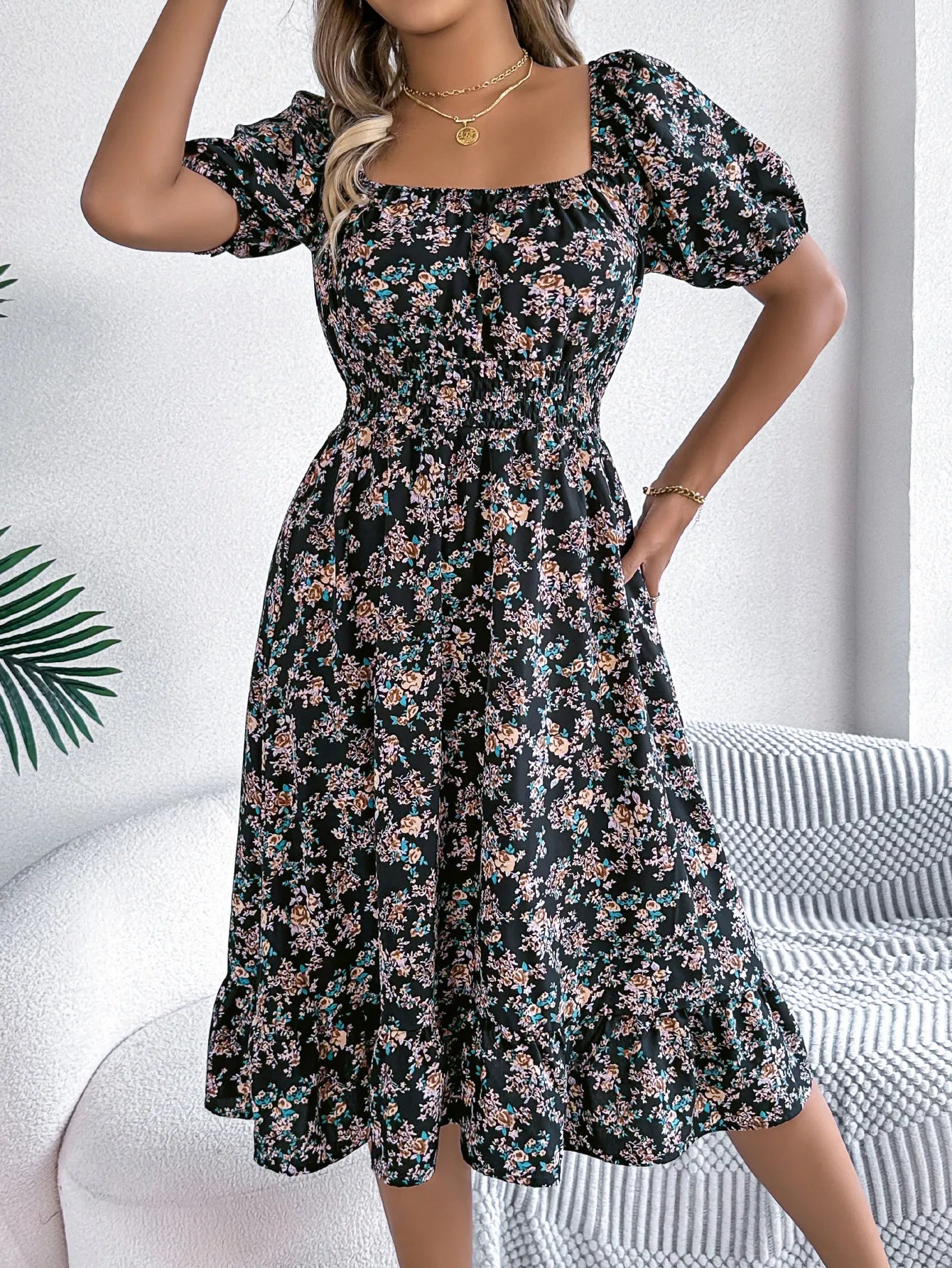 Floral Print Square Collar Dress Summer Fashion Ruffles Dresses Women's Clothing