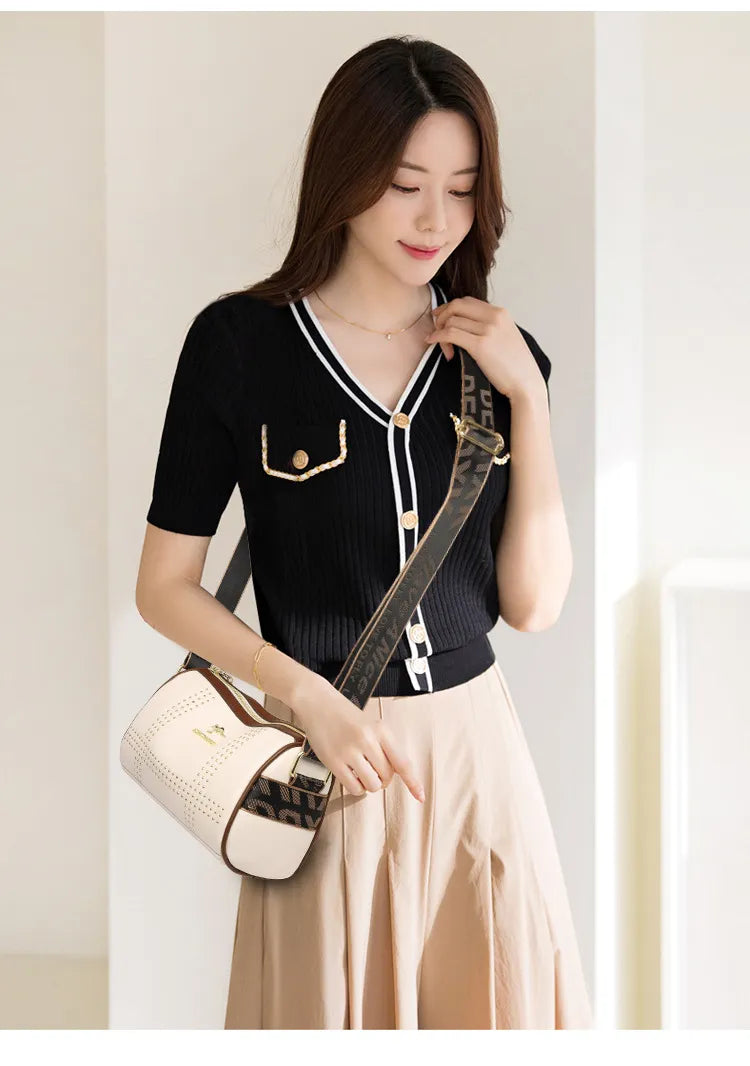 Color Contrast Patchwork Rivet Crossbody Soft Leather Shoulder Bag