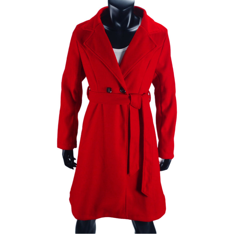 Long Woolen Women's Waist-controlled Lace-up Double Breasted Coat