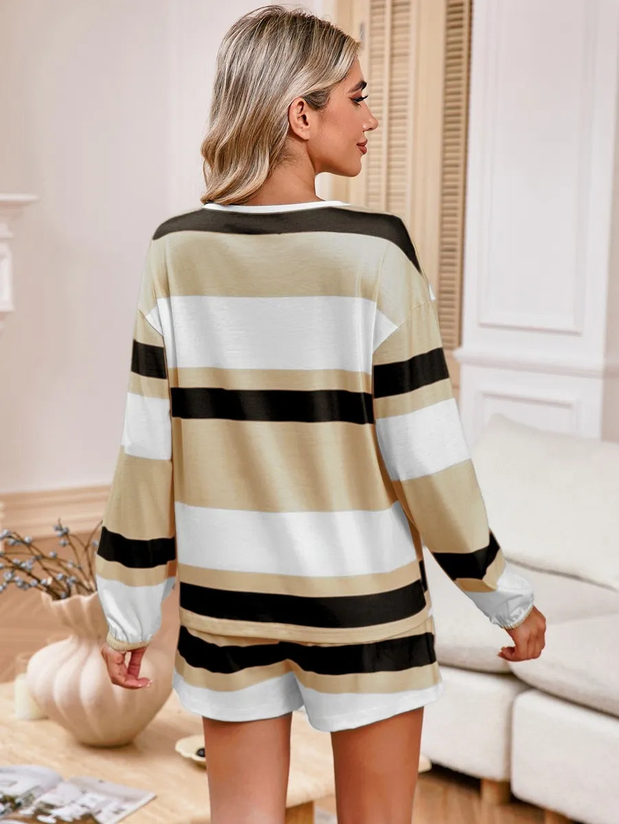 Women's Long Sleeve Striped Top Shorts Casual Suit Pajamas