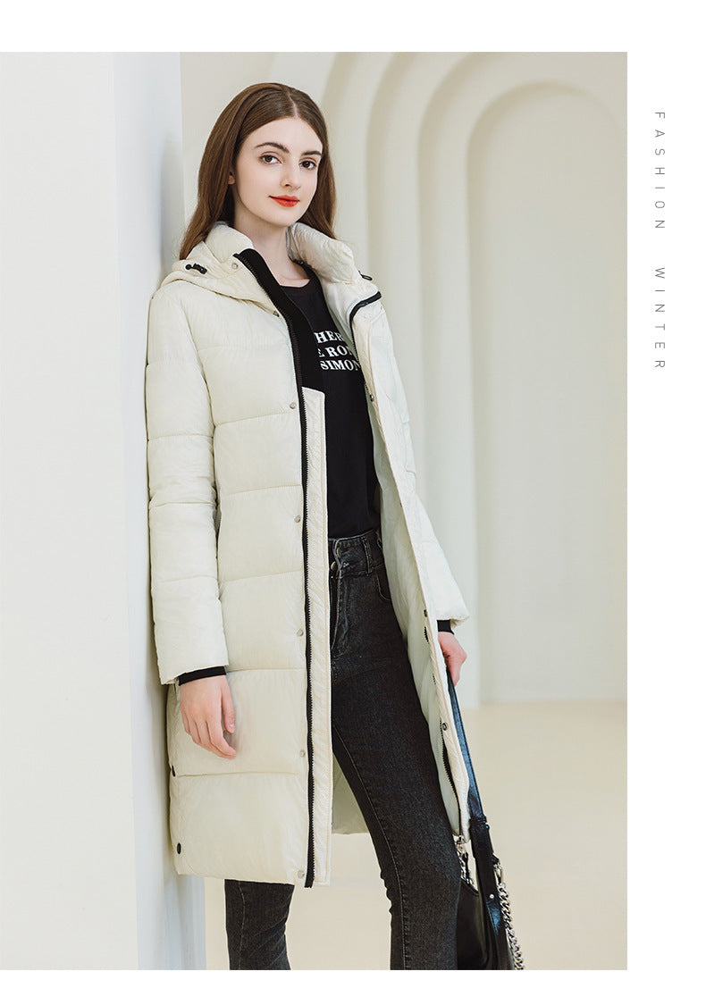 Winter Warm Hooded Coat With Pockets Fashion Simple Long Cotton Jacket Solid Color Outwear Women's Clothing