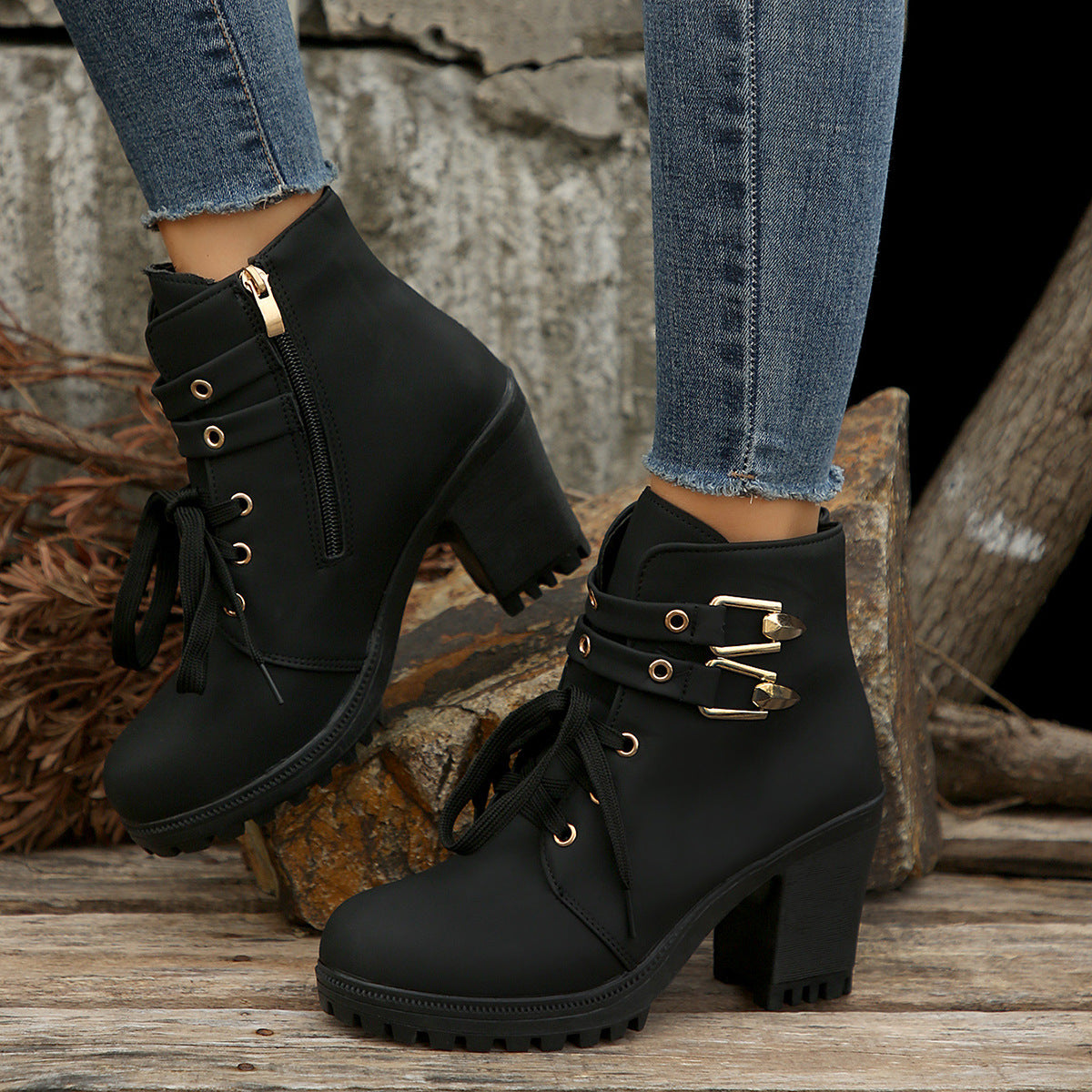 Autumn Round Head Chunky Heel High Heel Leisure Platform Lace Up Booties