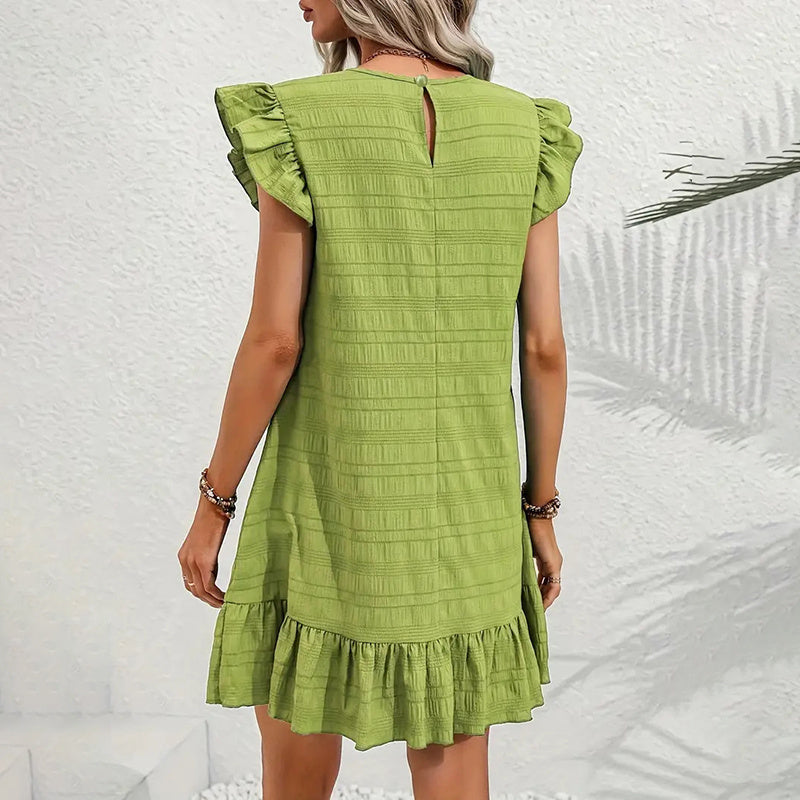 Womens Plus Size Round Neck Solid Dress Falbala Sleeveless Ruffled Summer Dress With Pleated Detail - Free USA Shipping