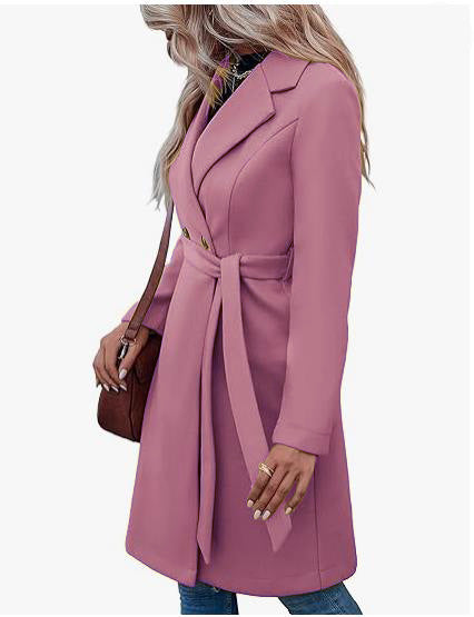 Long Woolen Women's Waist-controlled Lace-up Double Breasted Coat