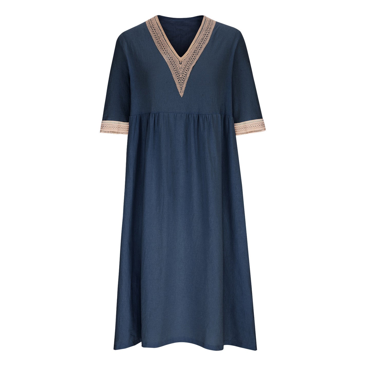 Cotton And Linen Lace Collar Half Sleeve Mid-length Dress