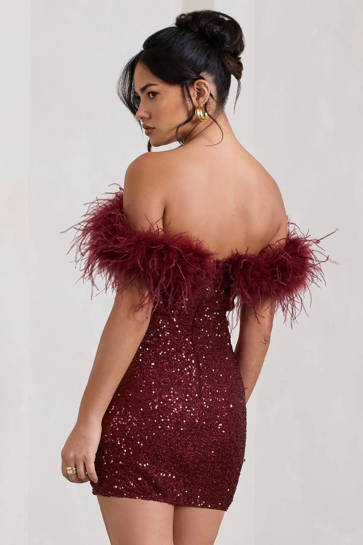 Feather Sequins Tube Top Package Hip Dress