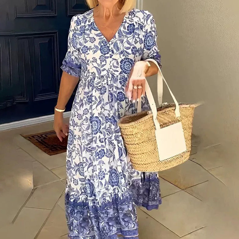 Women's Plus Size V-Neck Floral Print Dress - Loose Fit Casual Spring Summer Dress - Free USA Shipping