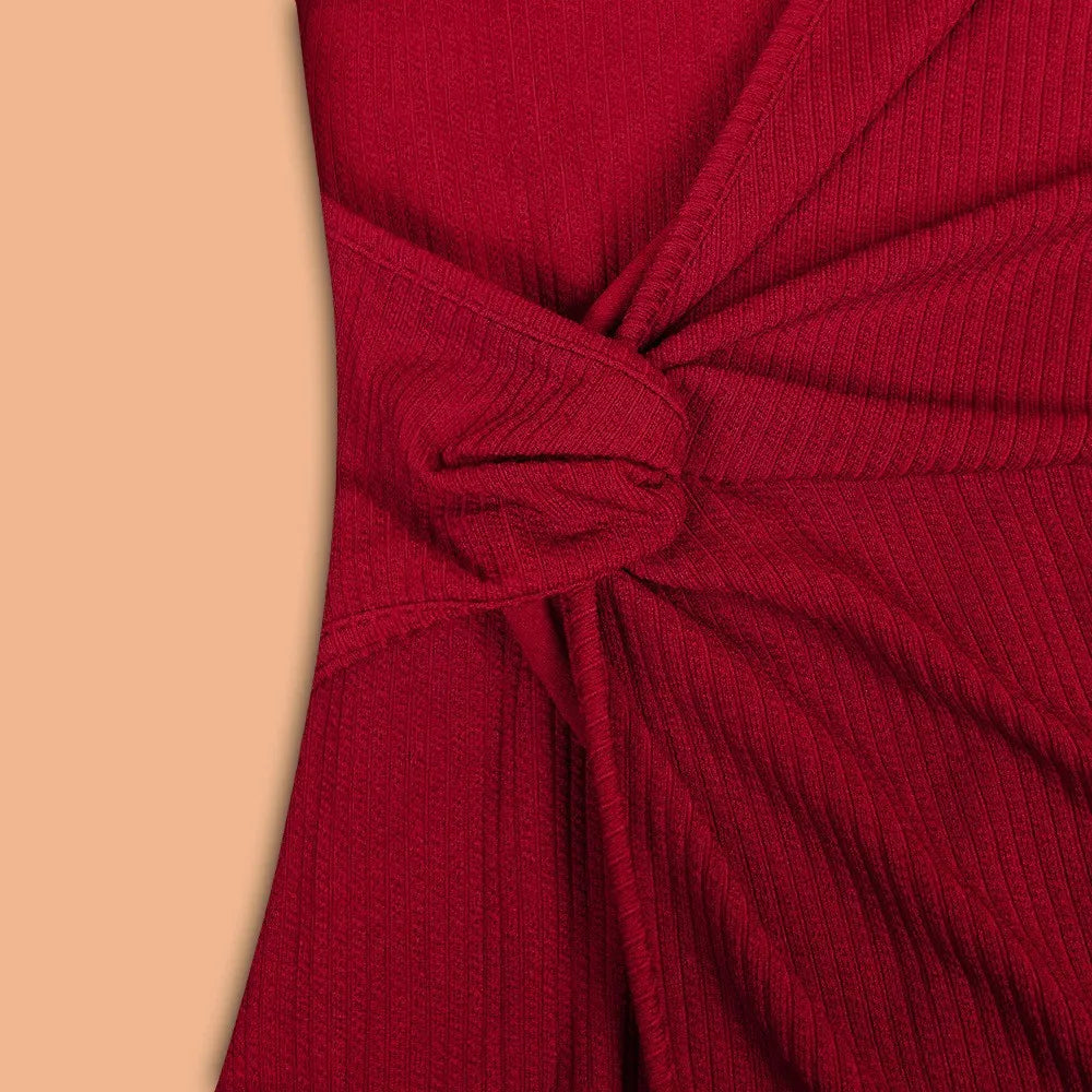 Solid Color V-neck Waist-controlled Slimming Split Long Sleeve Dress