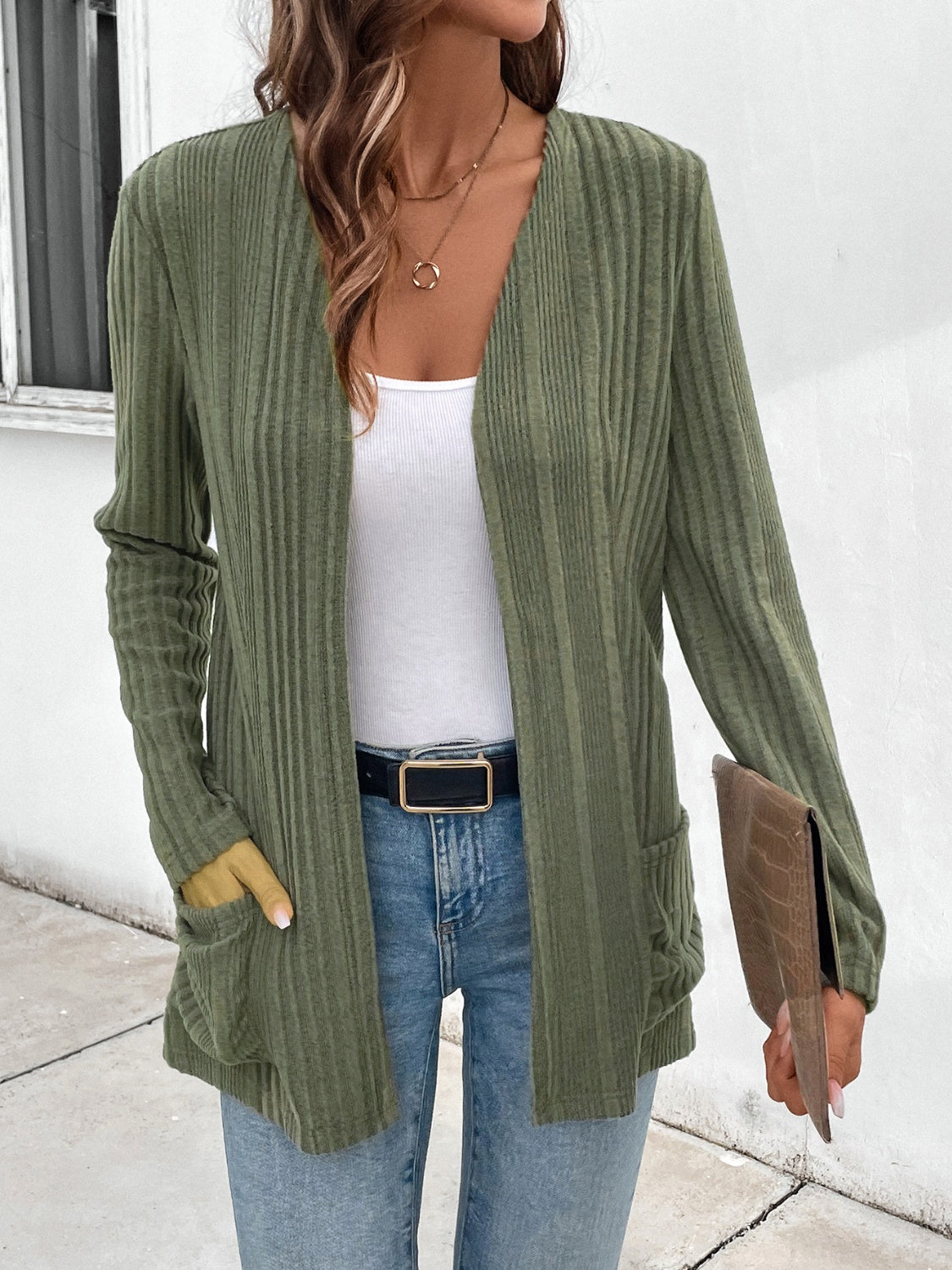 Open Front Long Sleeve Cardigan with Pockets