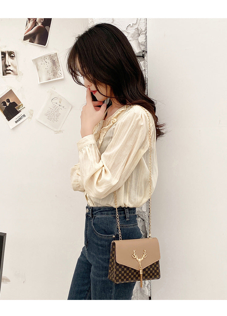 Tassel Deer Head Contrast Color Chain Small Square Leisure Phone Bag
