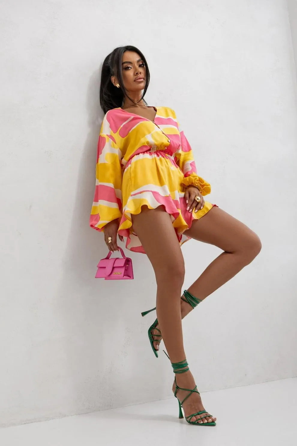Printed V-neck Long Sleeve Jumpsuit