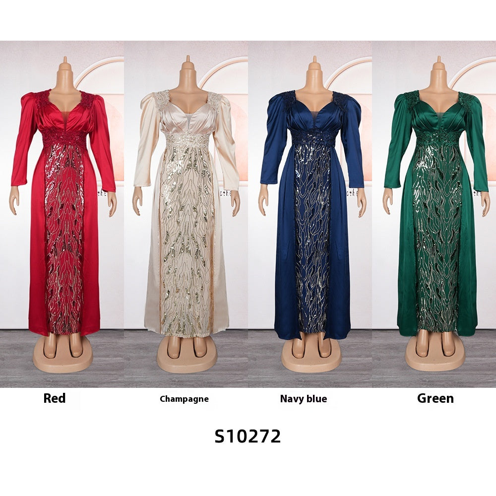 Plus Size Women's Dress V-neck Backless Sequined Evening Dress