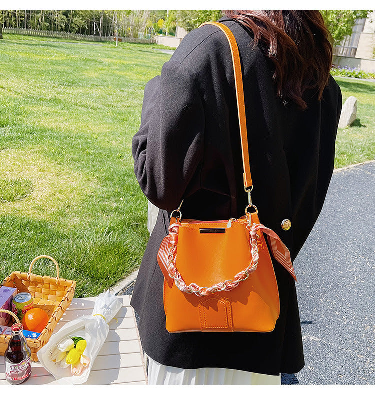 Leather Bucket Tote Bag with Chain Sling Handle