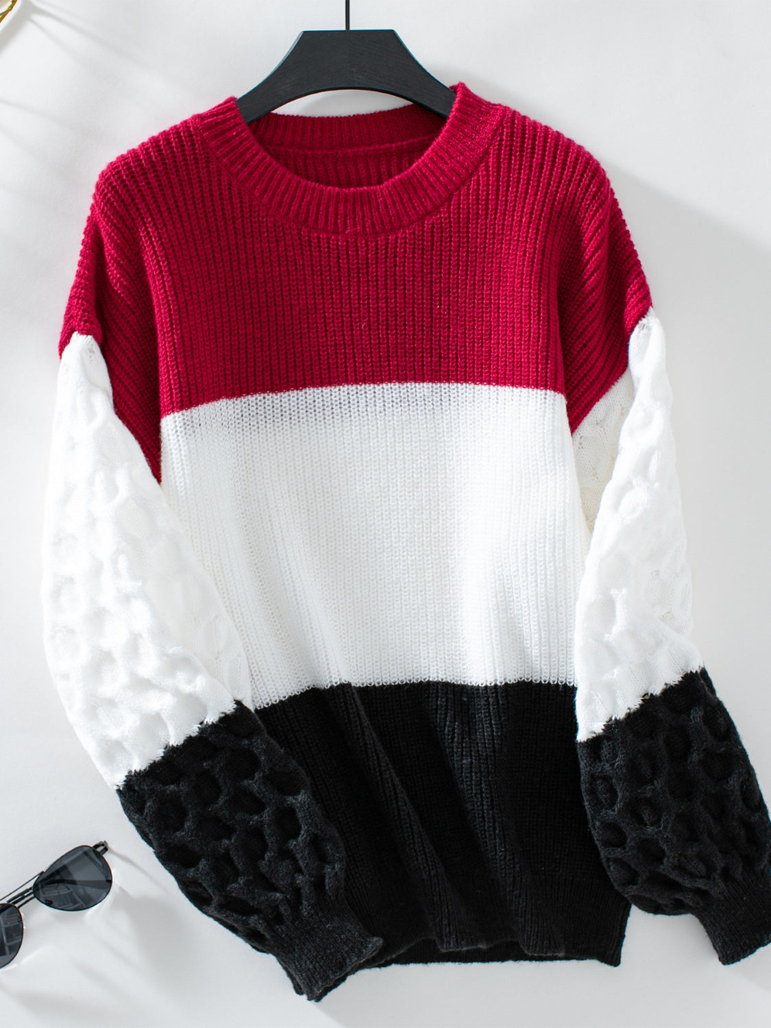 Round Neck Long Sleeve Color Block Sweater