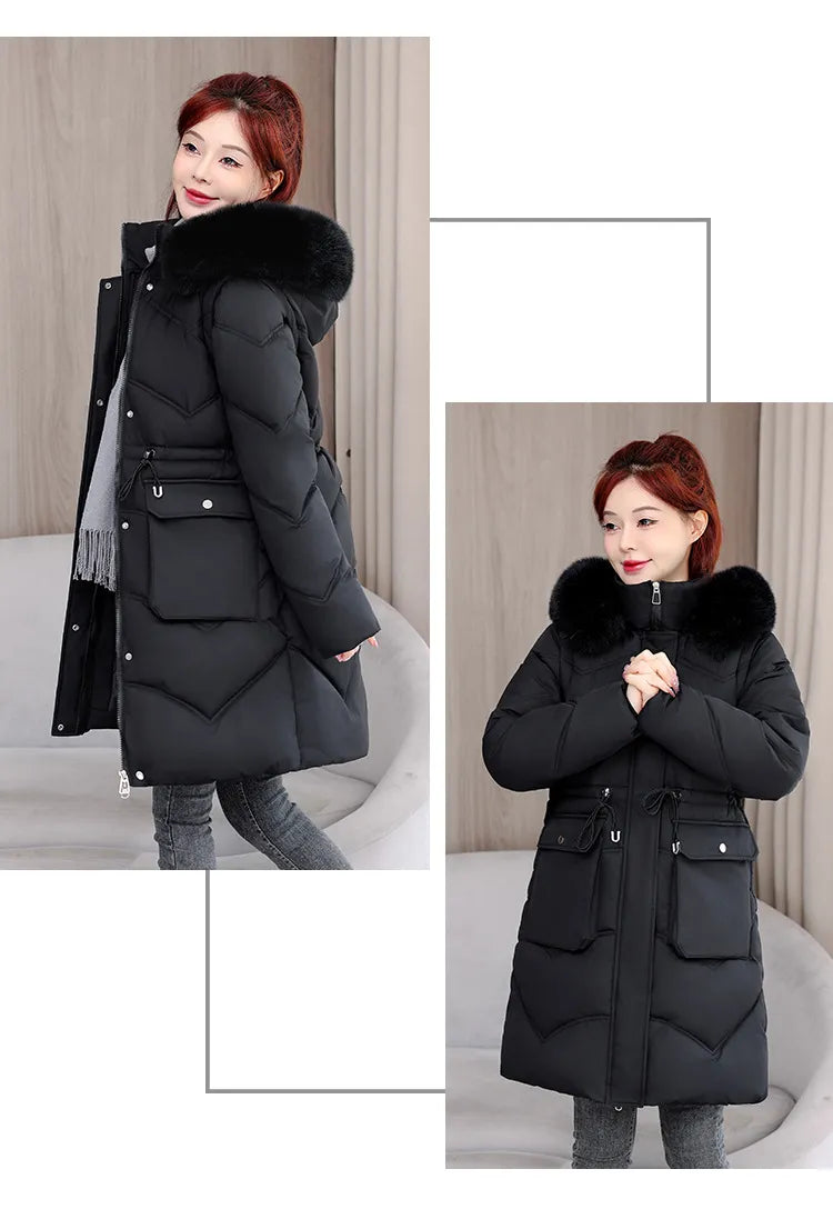 Women's Mid-length Big Fur Collar Hooded Cotton Vest Cotton-padded Jacket