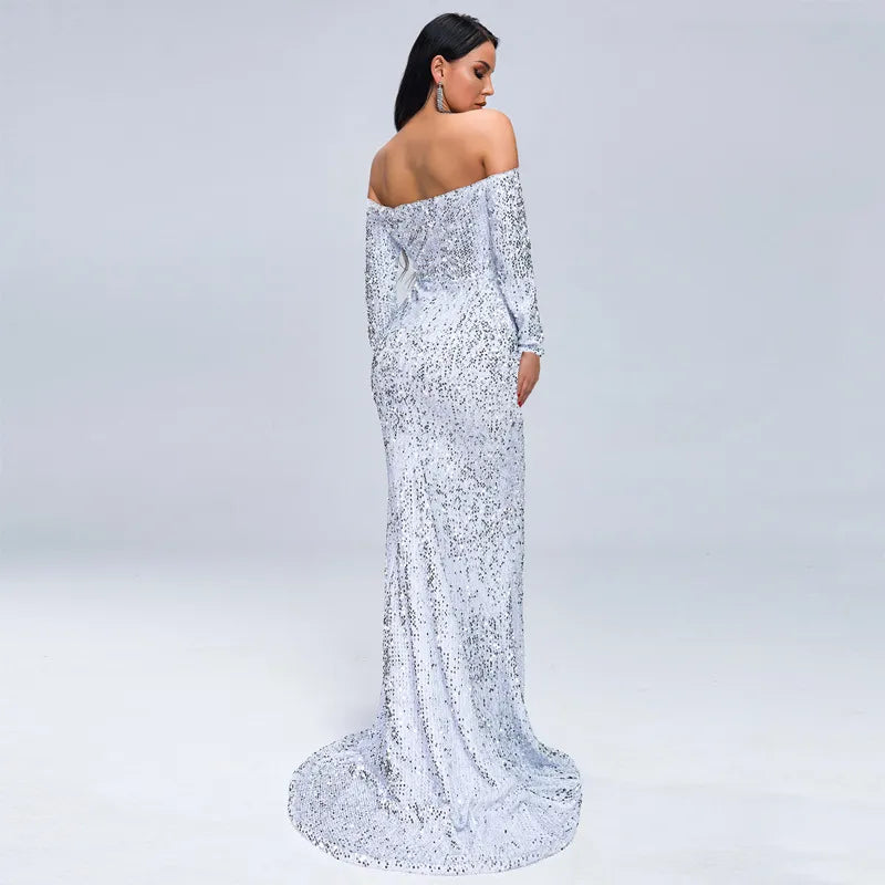 Sexy Strapless Long Sleeve Sequins Party Evening Dress