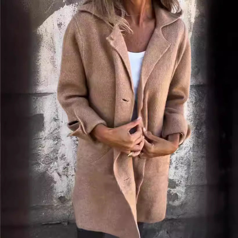 Apel Single Breasted Cardigan With Pockets Fashion Color Solid Mid-Length Outwear Coat Womens Clothing
