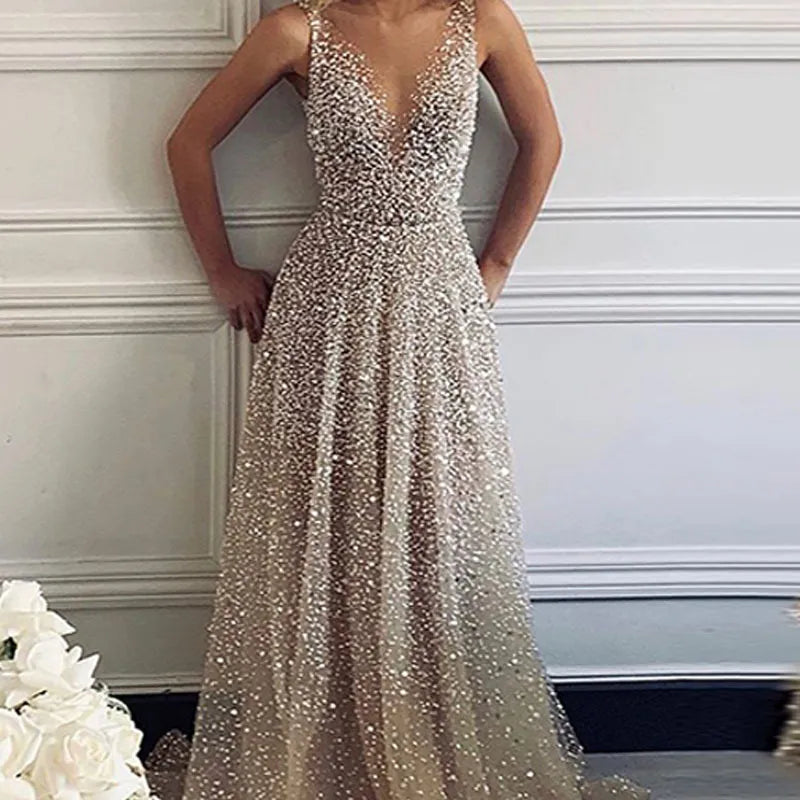 European And American Gold V-neck Dress Sling