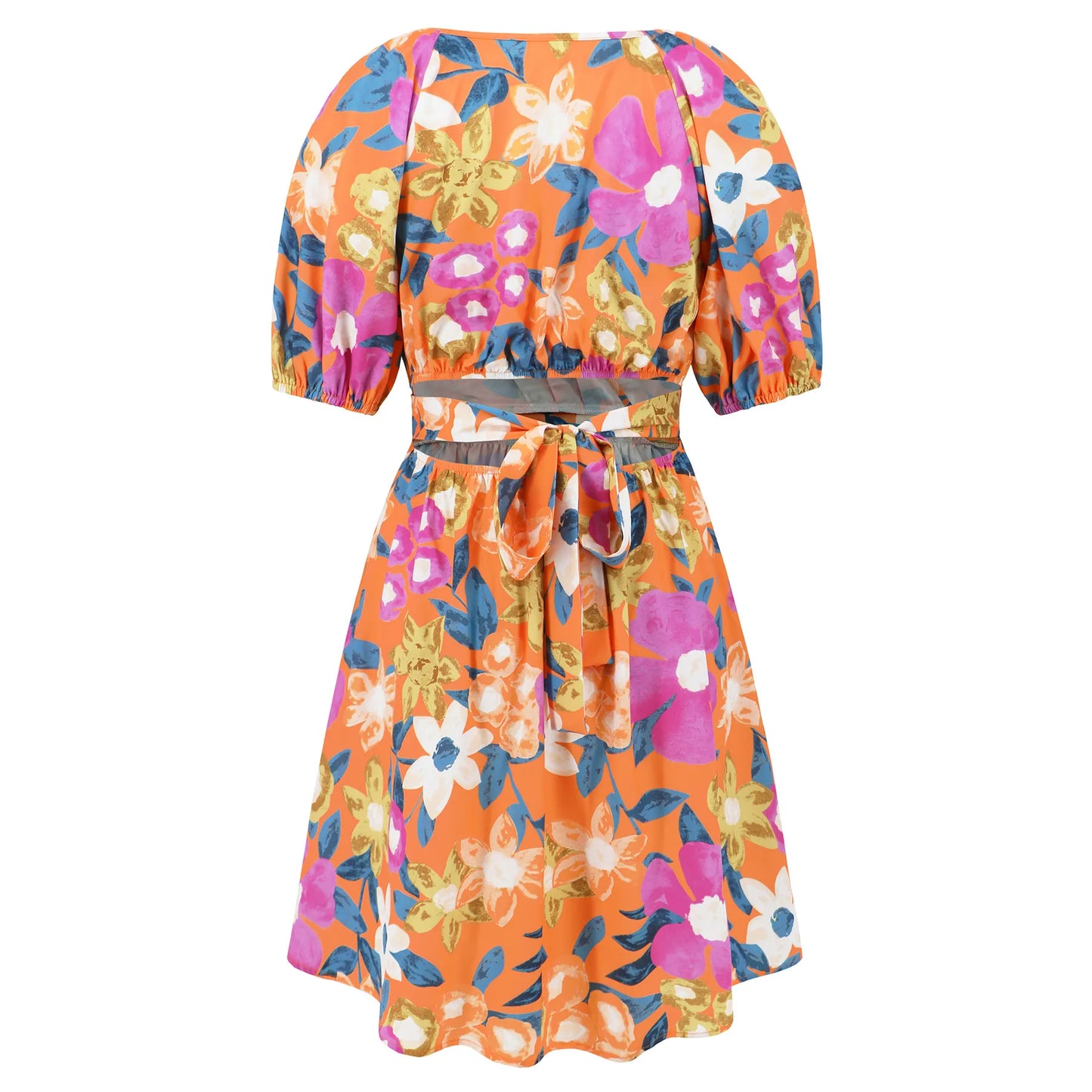 Flowers Print V-Neck Lantern-sleeve Dress Summer Vacation Beach Short Dresses Fashion Womens Clothing