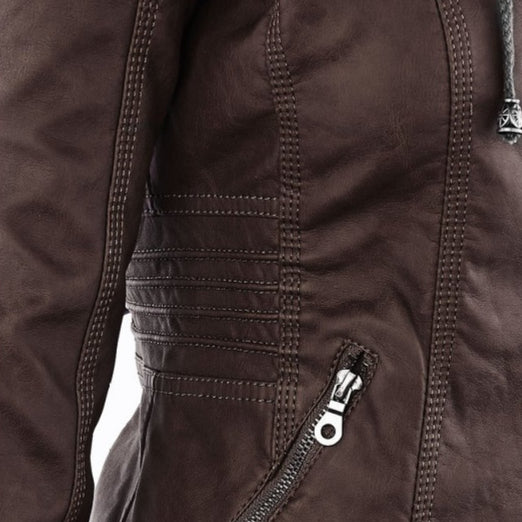 Women's Detachable Lapel Long Sleeve Solid Color Zipper Leather Jacket Coat