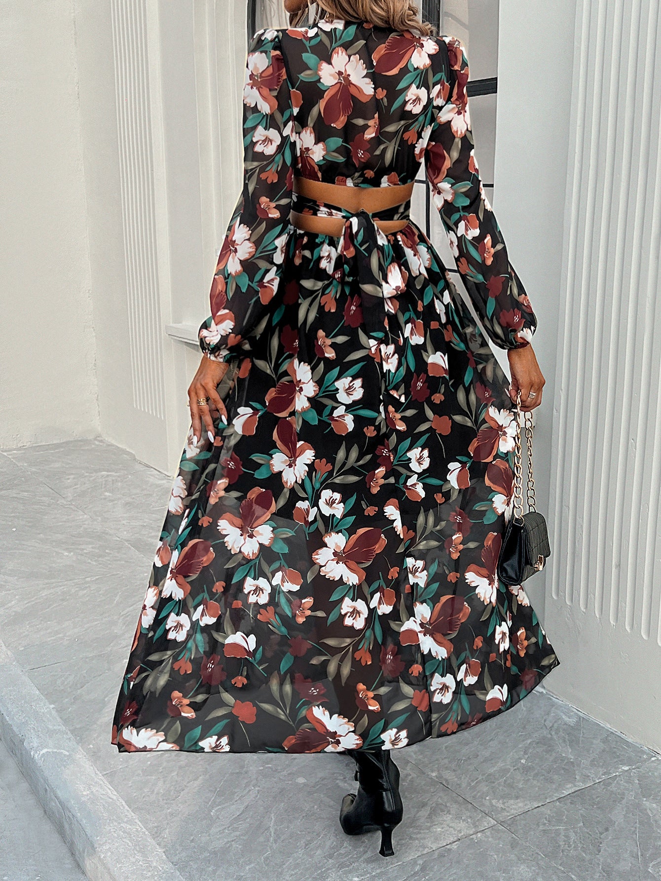 Fashion Florals Print Long Sleeve Dress Casual Holiday Tight-waisted V-neck Dresses Women Clothing