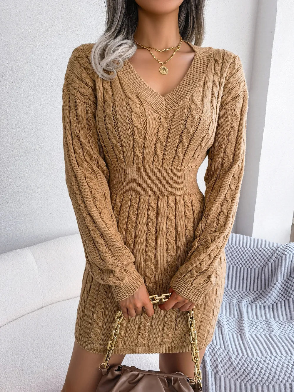 Solid Color V-Neck Long Sleeve Knit Dress Ins Fashion Slim Waisted Hip Dress Womens Clothing