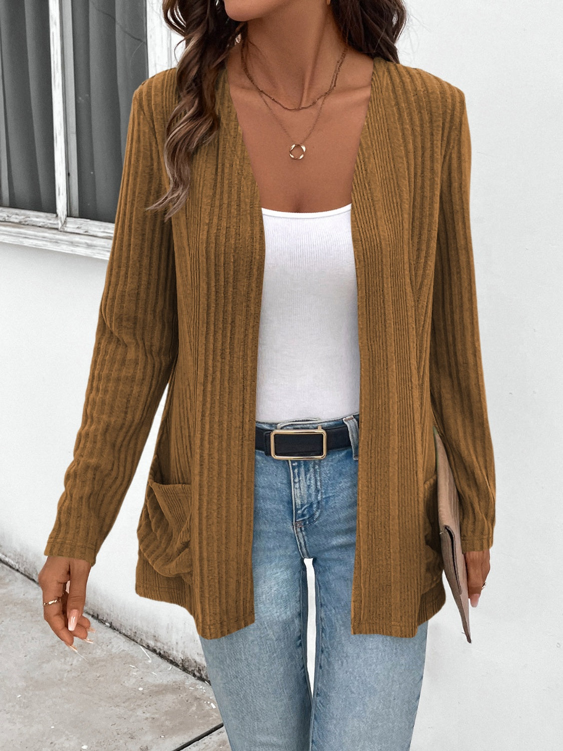 Open Front Long Sleeve Cardigan with Pockets
