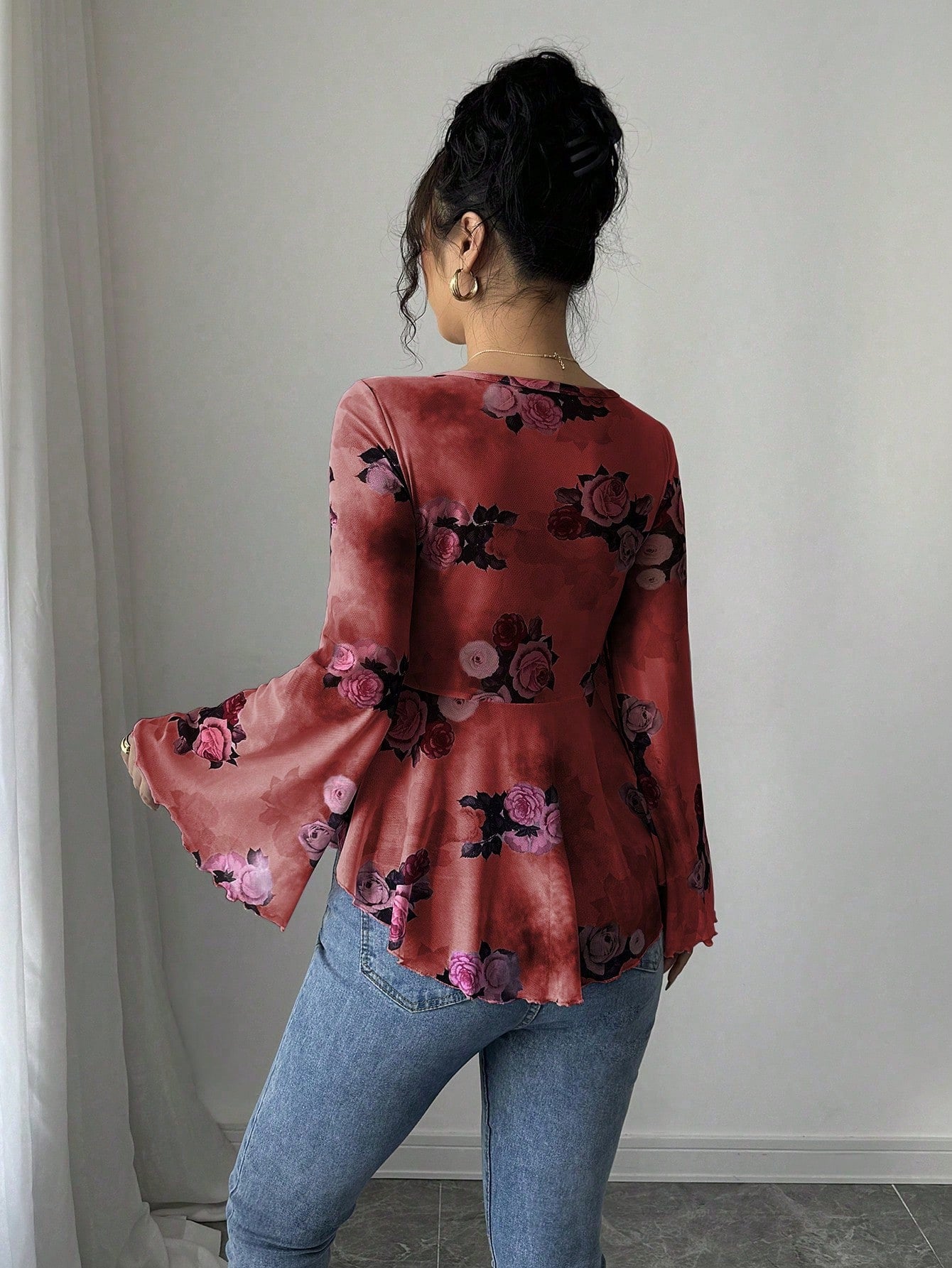European And American Design Sense French Sweet Flower Blooming Lace-up Square Collar Long Sleeve Shirt