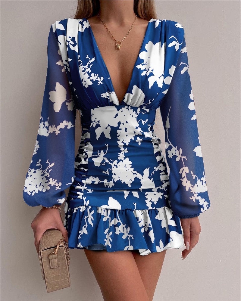 Mid-waist Printed Temperament Commuter Sheath V-neck