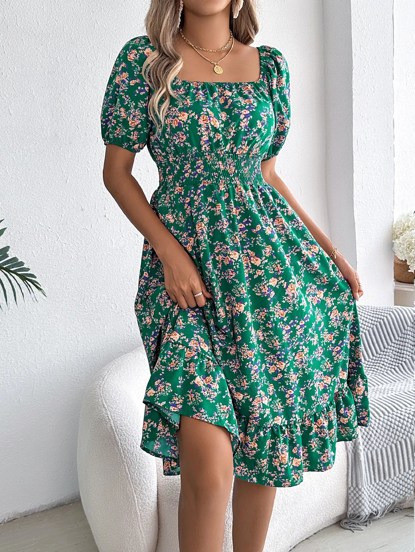 Floral Print Square Collar Dress Summer Fashion Ruffles Dresses Women's Clothing