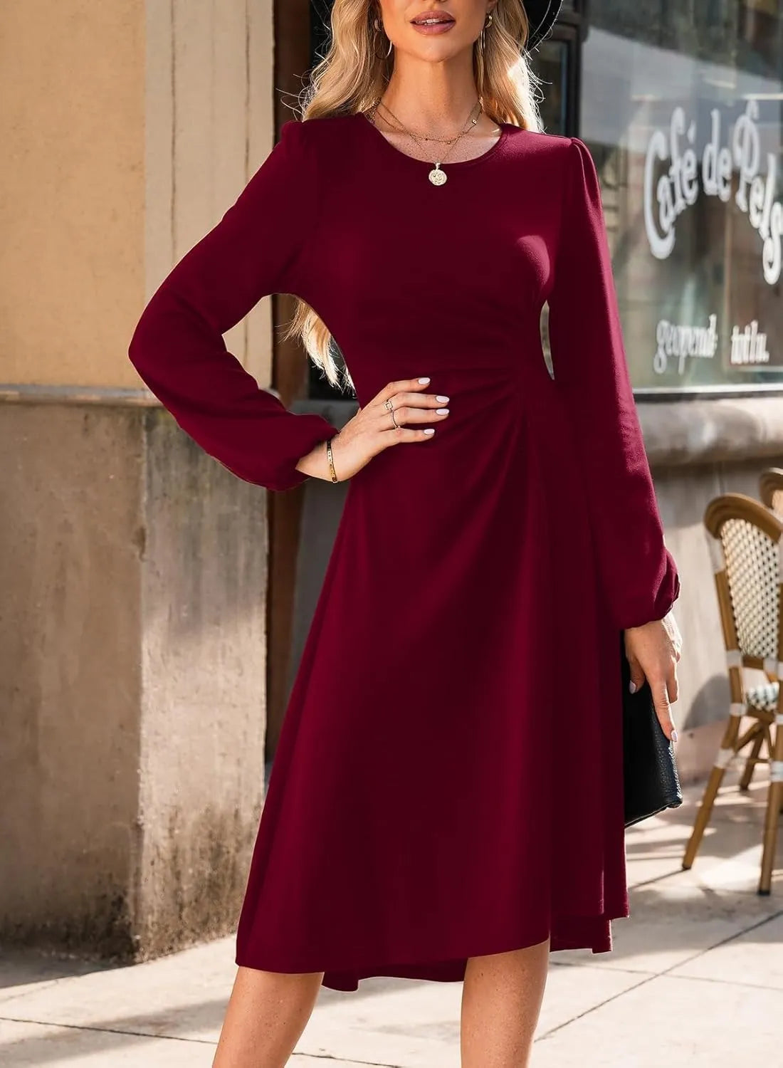 European And American Round Neck Pullover Fashion Long Sleeve Slim Fit Slit Dress