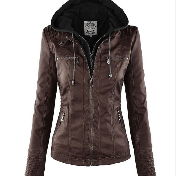 Women's Detachable Lapel Long Sleeve Solid Color Zipper Leather Jacket Coat