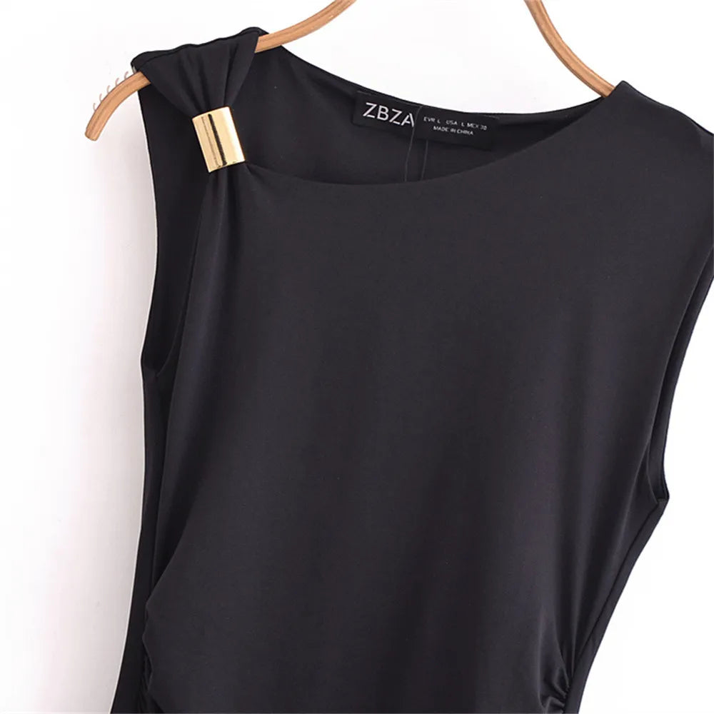 Women's High-grade Satin Sleeveless Pleated Dress