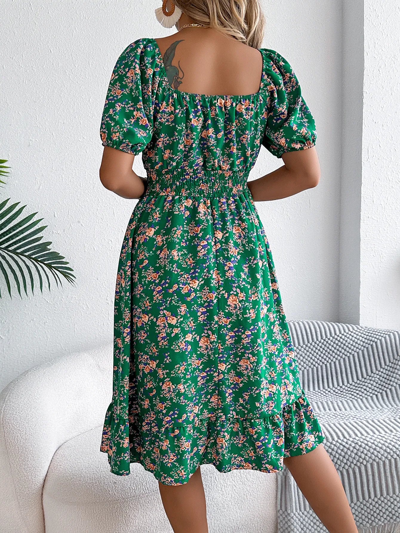 Floral Print Square Collar Dress Summer Fashion Ruffles Dresses Women's Clothing