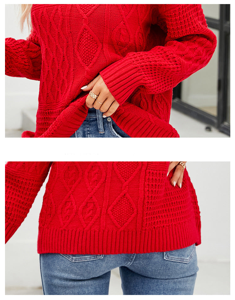 Casual Round-neck Pullover Sweater Fall Winter Solid Color Cable-knot Pattern Tops Women Clothing