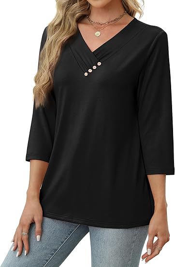European And American New Autumn Women's Clothing Button V-neck Fashion Casual Sleeve T-shirt