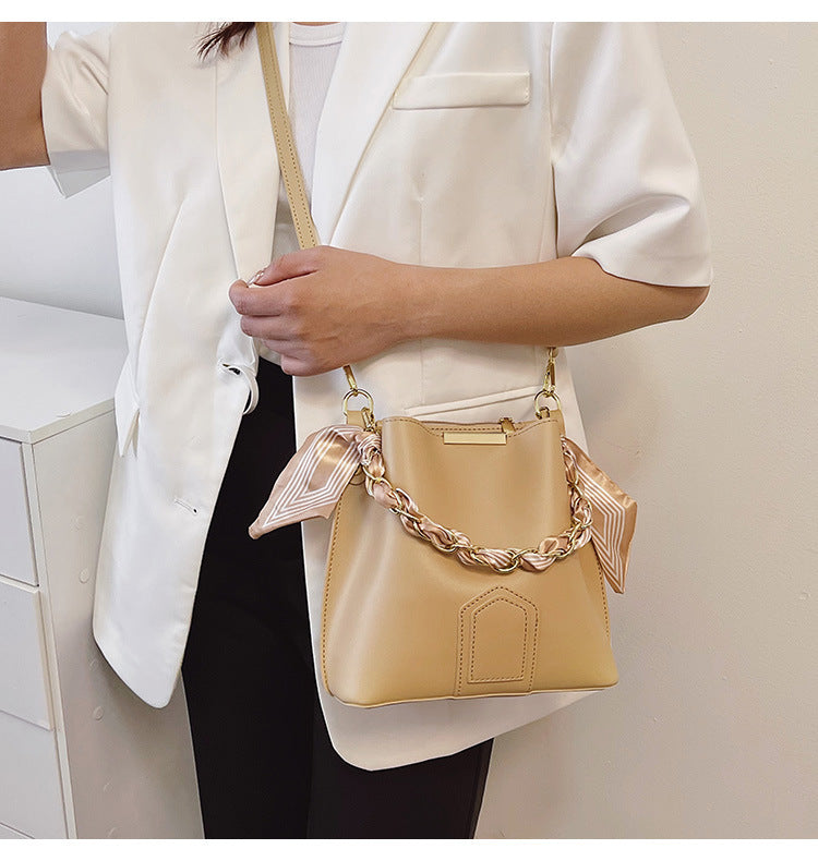 Leather Bucket Tote Bag with Chain Sling Handle