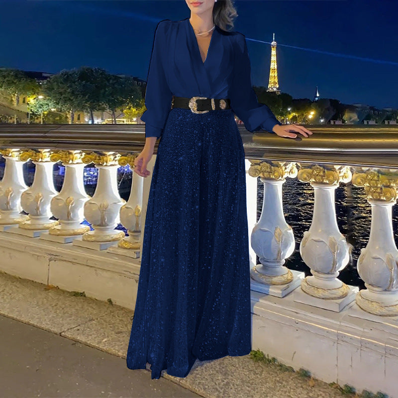 V-neck Elegant Waist Slimming Sequined Ladies