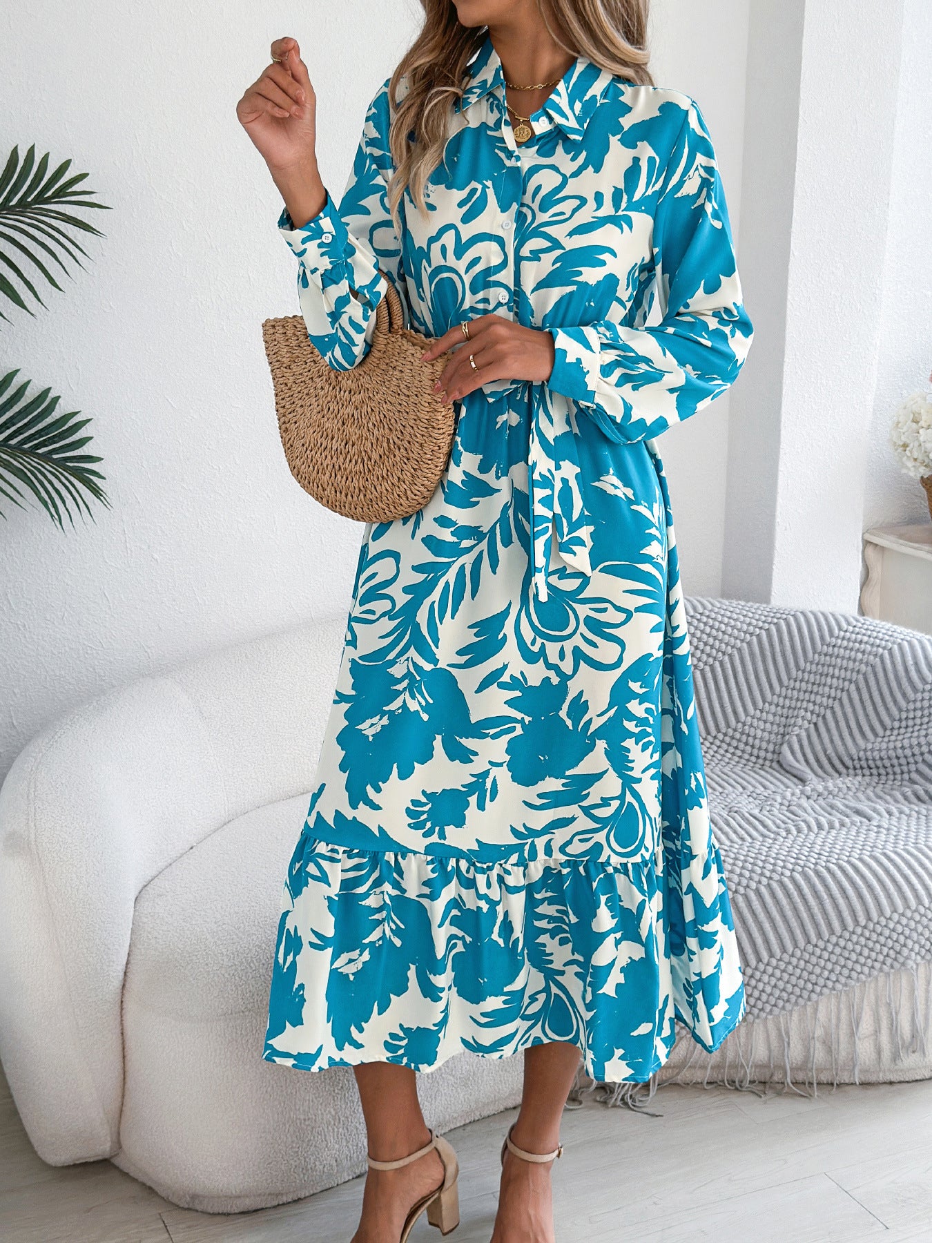 Women's Clothing Spring And Summer Leisure Flower Long Sleeve Shirt Skirt Dress