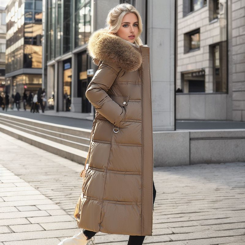 Winter Slim Long Jacket With Fur Hood And Belt Fashion Solid Hooded Coat Warm Clothing For Women