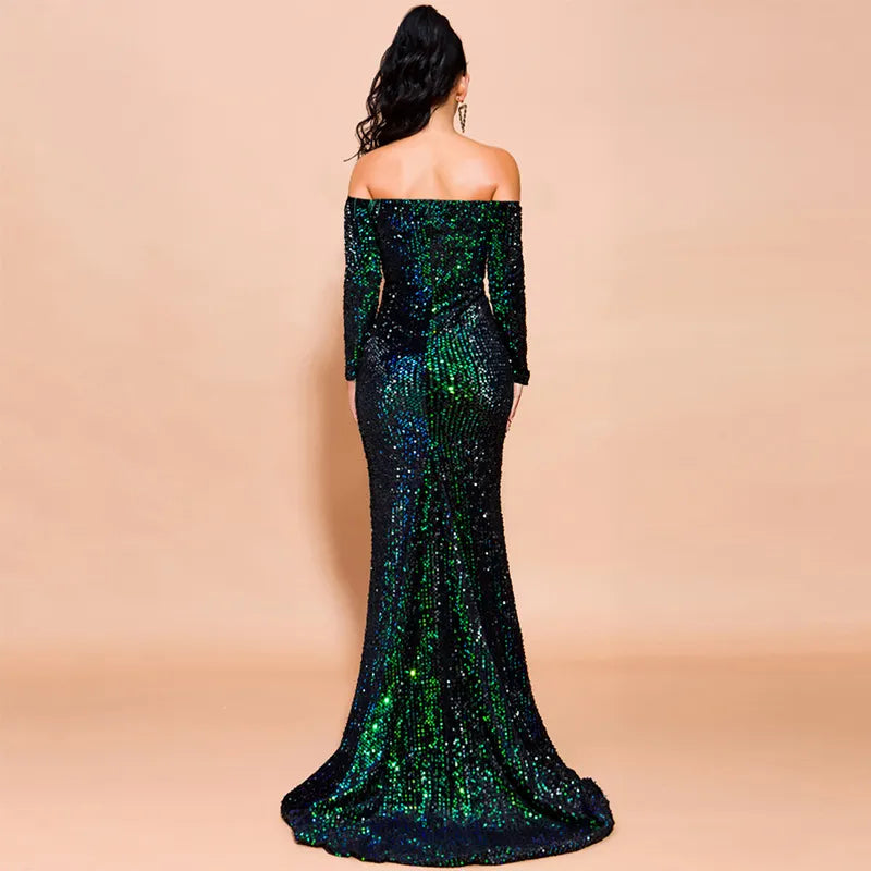 Sexy Strapless Long Sleeve Sequins Party Evening Dress