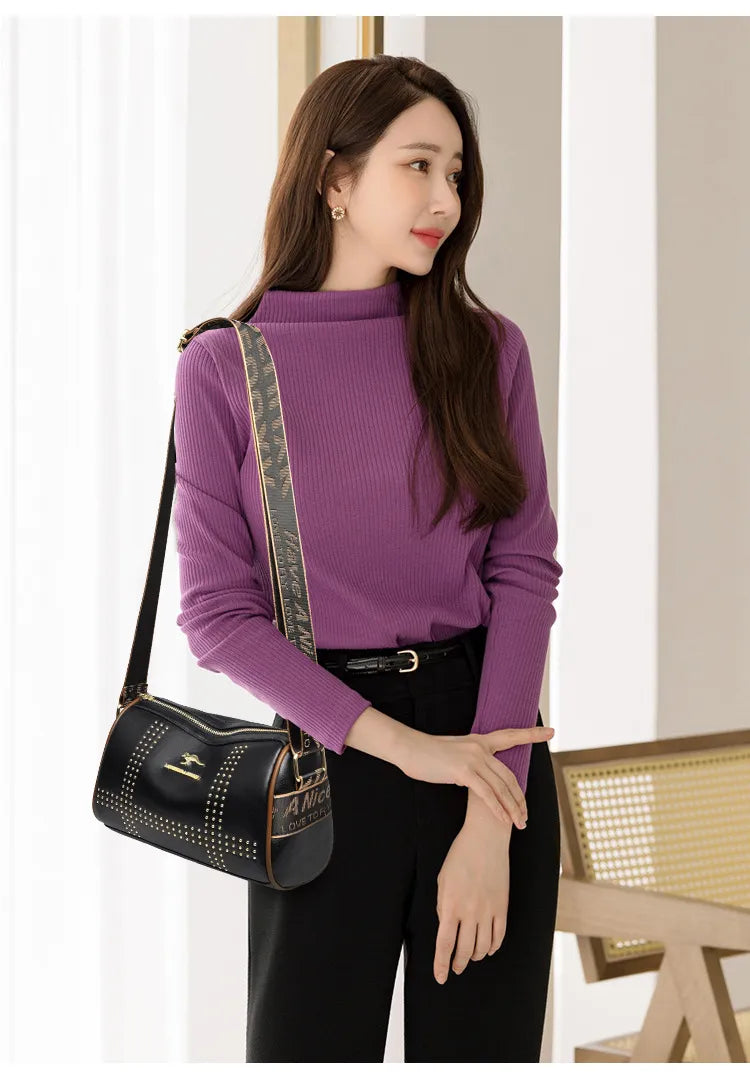 Color Contrast Patchwork Rivet Crossbody Soft Leather Shoulder Bag