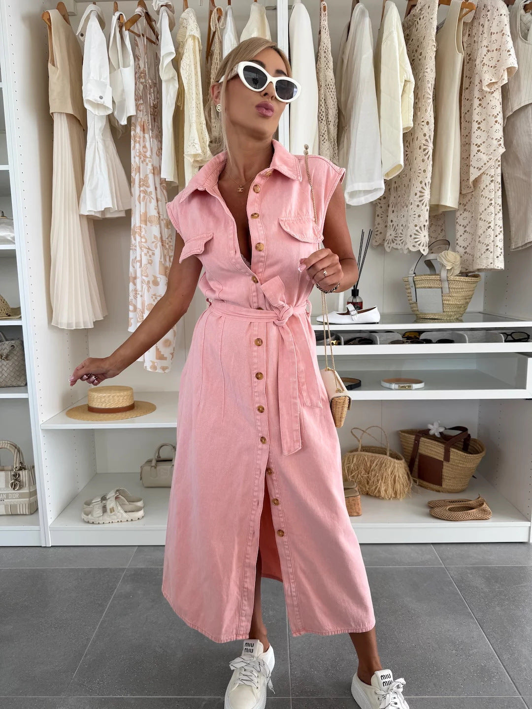 Women's Casual Sleeveless Lace-up Long Dresses Fashion Pockets Solid Party Office Elegant Lapel Single Breasted Denim Dress Summer